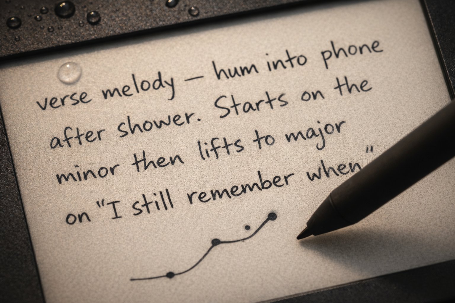 Close-up of Shower Jots e-ink screen showing handwritten songwriting notes with stylus and water droplets