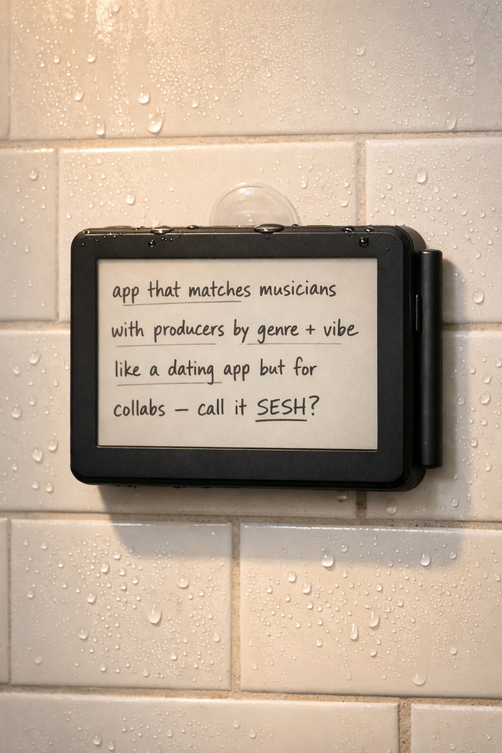 Shower Jots device mounted on shower wall with handwritten notes on the e-ink screen