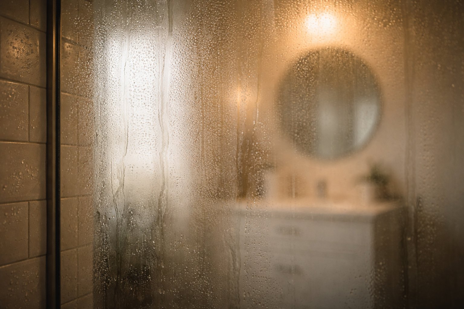 Atmospheric view through steamy shower glass door with warm golden light